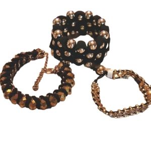 Lot of 3 new beaded bracelets black gold bronze